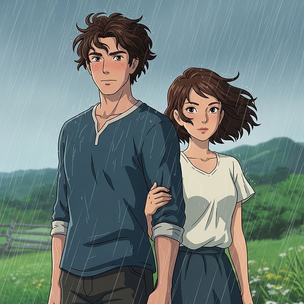 A couple stands together in the rain, symbolizing a strong relationship that can weather any storm.
