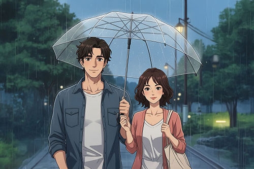 An illustration of a man and woman walking together under a clear umbrella in the rain, representing the deepening stage of an early relationship.