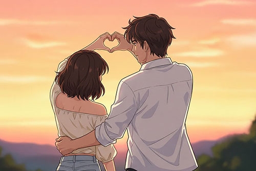 An illustrated couple making a heart with their hands, symbolizing real love as a two-way street.