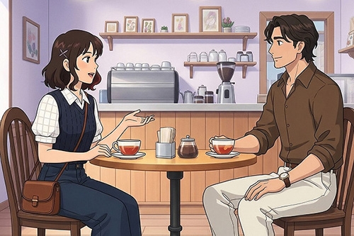 An illustration of two shy or introverted people on a first date at a coffee shop, following tips from a blog post to have a comfortable and meaningful conversation.