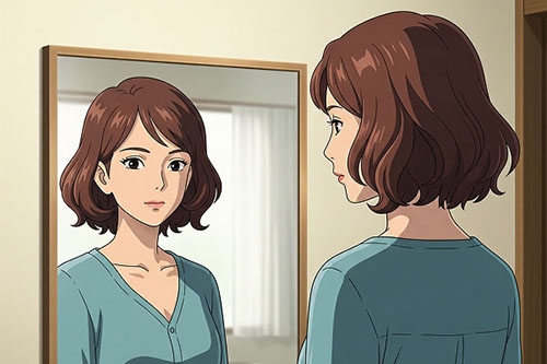 An illustration of a young woman looking at her reflection in a mirror, symbolizing the importance of self-awareness and preparation before dating.