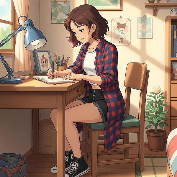 An illustrated young woman with short brown hair sitting at a desk, writing in a journal.