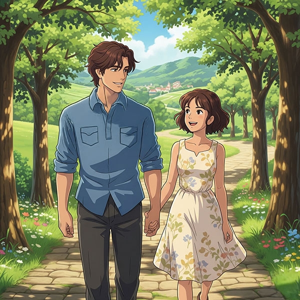 An illustration of a couple walking side by side, smiling and talking