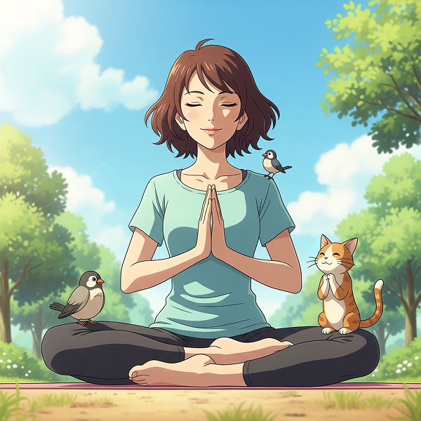 A young woman meditating in a park, symbolizing the importance of mindfulness and inner peace as part of dating preparation.