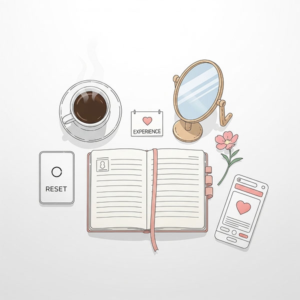 An illustration of a dating preparation plan with a cup of coffee, a journal, a reset button, a mirror and a phone with a dating app.