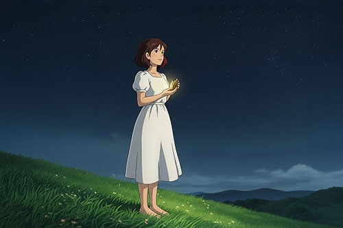 An illustration of a young woman standing on a hill under a starry sky, holding a glowing shell, symbolizing the introspective discovery stage of a new relationship.