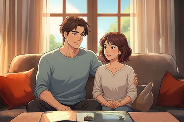 An illustration of a loving couple on a couch, a happy result of the dating feedback loop.